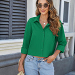 Nadorine Cropped Button Down Shirts Long Sleeve V Neck Solid Tops