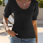 Nadorine Puff Sleeve Tops Sweater V Neck Short Sleeve Shirts