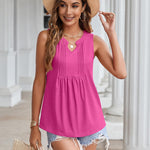 Nadorine Tank Tops Pleated V Neck Floral Solid Loose Fit Tops