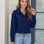 Nadorine Cropped Button Down Shirts Long Sleeve V Neck Solid Tops