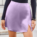 Nadorine Satin Silk High Waisted Split Slit Hem Aline Zipper Party Short Skirt