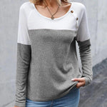 Nadorine Women Waffle Knit Shirts Long Sleeve Colorblock Tee