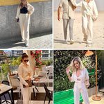 Women 2 Piece Outfits Sets Linen Button Down Long Sleeve Shirts and Wide Leg Pants Sets - Nadorine (Us Only)