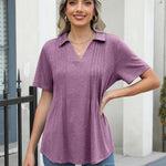 Nadorine Short Sleeve Polo T Shirts Pleated V Neck Tee