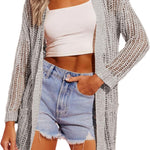 Nadorine Women 2024 Lightweight Crochet Cardigan Long Sleeve Open Front Knit Sweater Summer Kimono Cover Up with Pockets