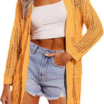 Nadorine Women 2024 Lightweight Crochet Cardigan Long Sleeve Open Front Knit Sweater Summer Kimono Cover Up with Pockets