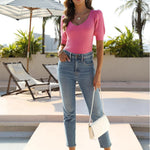 Nadorine Puff Sleeve Tops Sweater V Neck Short Sleeve Shirts