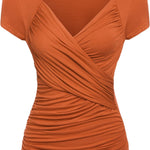 Nadorine Cross-Front V Neck Ruched Short Sleeve Blouses
