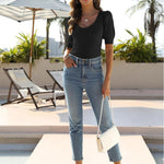 Nadorine Puff Sleeve Tops Sweater V Neck Short Sleeve Shirts