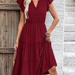 Nadorine Casual Ruffle Sleeve V Neck Midi Dress