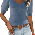 Nadorine Puff Sleeve Tops Sweater V Neck Short Sleeve Shirts