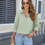 Nadorine Cropped Button Down Shirts Long Sleeve V Neck Solid Tops