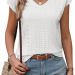Nadorine V Neck Eyelet T Shirts Cap Sleeve Tops