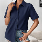 Nadorine Button Down Blouse Rolled Cuffed Short Sleeve Shirts
