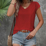 Nadorine V Neck Eyelet T Shirts Cap Sleeve Tops