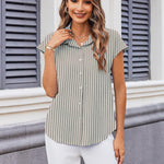 Nadorine Button Down Shirts Cap Sleeve V Neck Casual Blouses Tops