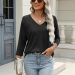 Nadorine 3/4 Length Sleeve Womens Tops Casual V Neck Shirts Soft Basic Tees Business Work Blouses
