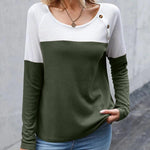 Nadorine Women Waffle Knit Shirts Long Sleeve Colorblock Tee