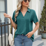 Nadorine Short Sleeve Polo T Shirts Pleated V Neck Tee