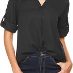 Women's Business Casual V Neck Cuffed Sleeves Work Blouse Top - Nadorine (Us Only)