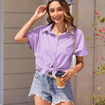 Nadorine Women's Cotton Button Down Shirts Short Sleeve Casual Shirts