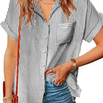 Nadorine Linen Shirts Cotton Short Sleeve V Neck Collared Blouses