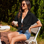 Nadorine Linen Shirts Cotton Short Sleeve V Neck Collared Blouses
