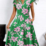 Nadorine Casual Ruffle Sleeve V Neck Midi Dress