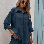 Women Two Piece Outfits Lounge Sets Cotton Long Sleeve Shirts and High Waisted Mini Shorts With Pockets - Nadorine (Us Only)