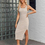 Nadorine Striped Knit Dress Casual Bodycon Side Slit Sundress