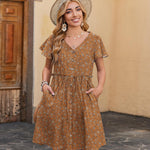 Nadorine Button Down Flutter Sleeve Cotton Linen Dress with Pockets