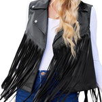 Women Faux Leather Vest Lapel Sleeveless Drape Tassel Open Front PU Fringe Jacket S-XXL - Nadorine (Us Only)