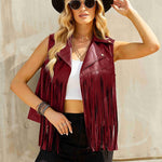 Women Faux Leather Vest Lapel Sleeveless Drape Tassel Open Front PU Fringe Jacket S-XXL - Nadorine (Us Only)