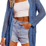 Nadorine Women 2024 Lightweight Crochet Cardigan Long Sleeve Open Front Knit Sweater Summer Kimono Cover Up with Pockets