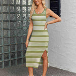 Nadorine Striped Knit Dress Casual Bodycon Side Slit Sundress