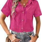 Zeagoo Womens Button Down Linen Shirt Short Sleeve Cotton Blouse