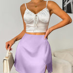 Nadorine Satin Silk High Waisted Split Slit Hem Aline Zipper Party Short Skirt