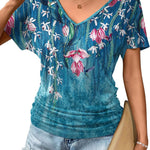 Nadorine Women's Short Sleeve V Neck Blouse Ruched Casual Tunic Tops