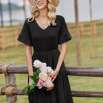 Nadorine Damen Elegant V-Ausschnitt Kleider A Linie Kurzarm Freizeitkleid (DE Only)