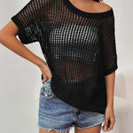 Nadorine Short Sleeve Crochet Sweater Tops
