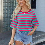 Nadorine Oversized Loose Fit Short Sleeve Striped Tops