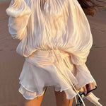 Ninah Glitter Fabric Pleated Balloon Sleeve Tiered Ruffle Hem Mini Dress