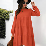 Long Puff Sleeve Shirt Dress Casual Crewneck Loose Fit Sundress Trendy Tiered Layer Summer Mini Dresses