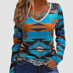 Print Pullover Top Cross V Neck Long Sleeves Casual Loose Sweatshirt Shirt