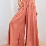 Wide Leg Flowy Pants Summer Boho Elastic Waist Drawstring Palazzo Trousers