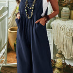 Solid Color Sleeveless Pocket Casual Wide Leg Side Button Jumpsuit