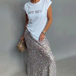 Two Piece Outfits Short Sleeve Round Neck T-Shirt Sequined Long Skirt Sets