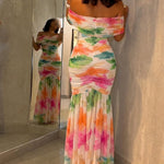 Women's Foldover Off-Shoulder Floral Mermaid Dress Mesh Ruched Maxi Gown with Detachable Clear Straps