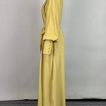 A-Line Long Sleeves Buttoned Pleated Pockets Solid Color Tied Waist V-Neck Maxi Dresses