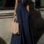 High Waisted Loose Pockets Solid Color Zipper V-Neck Jumpsuits